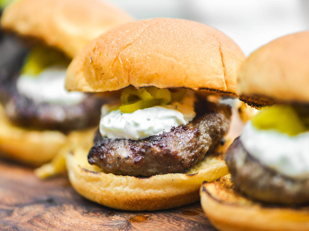 Mini Grilled Gyro Burgers With Tzatziki and Pickled Peperoncini.