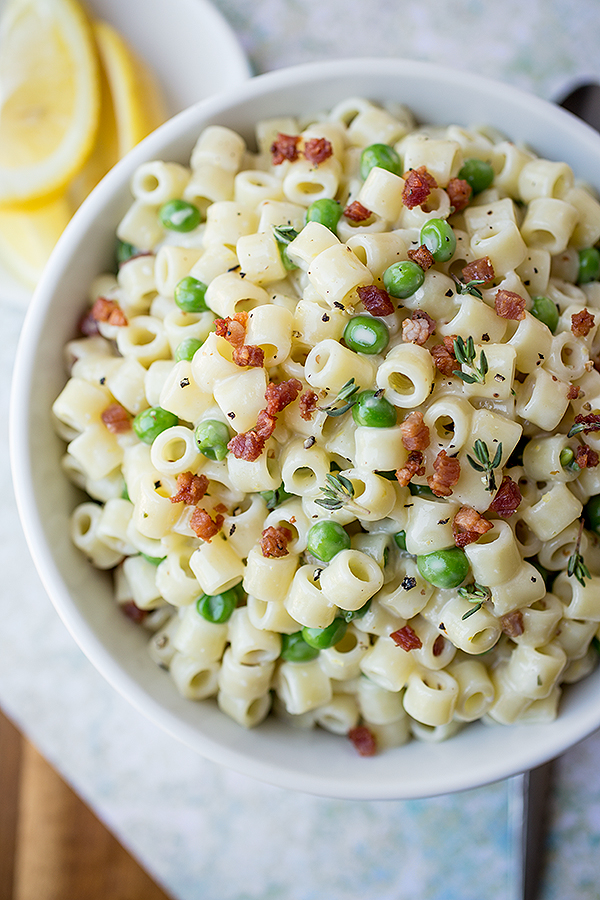 Summer Macaroni Salad w/ Pancetta and Peas in a Lemon-Thyme Dressing